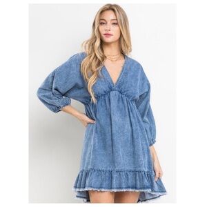 V-Neck Washed Denim Dress